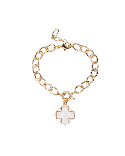 A gold chain bracelet with a cross-shaped pendant featuring a white inlay, displayed on a clean white background.