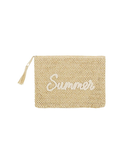 Beige straw pouch with 'Summer' embroidery on a white background