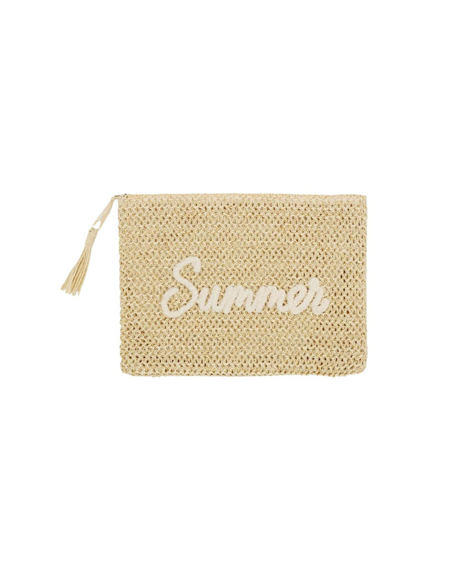 Beige straw pouch with 'Summer' embroidery on a white background