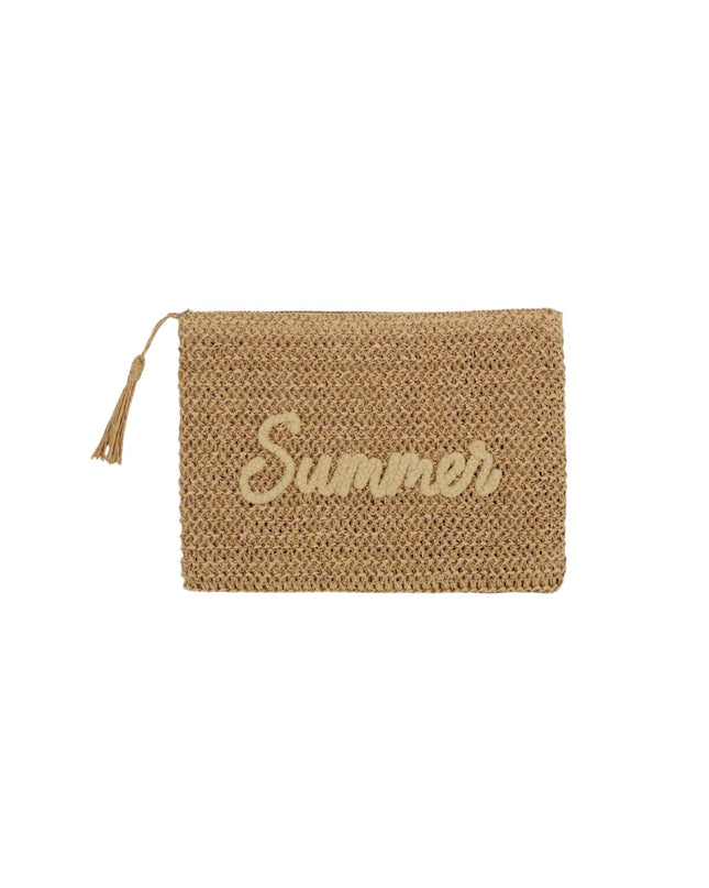 Woven pouch with 'Summer' text on a white background