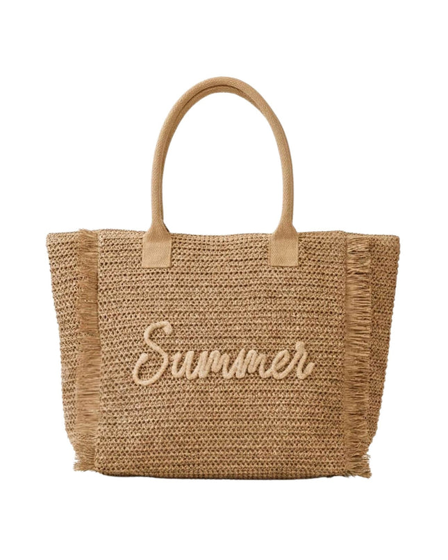 Woven bag with 'Summer' text on a white background