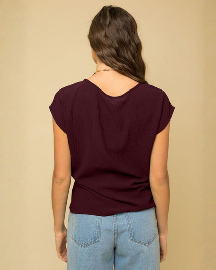 Front Knot Detail Woven Short Sleeve Top Wine