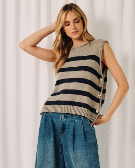 Side Button Striped Boxy Sleeveless Sweater