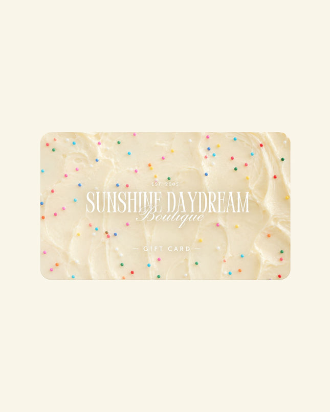 Gift card with 'Sunshine Daydream Boutique' text and colorful sprinkles on a beige background