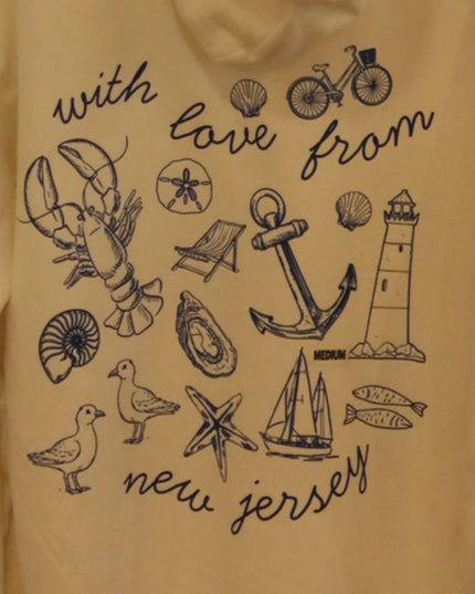 A close-up of a beige or cream-colored hoodie featuring a black graphic print with nautical illustrations and the text 'with love from new jersey'.