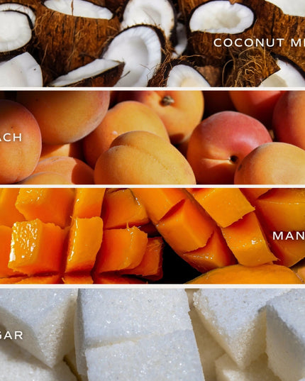 Collage of coconut pieces, peach slices, mango chunks, and sugar cubes with labels.