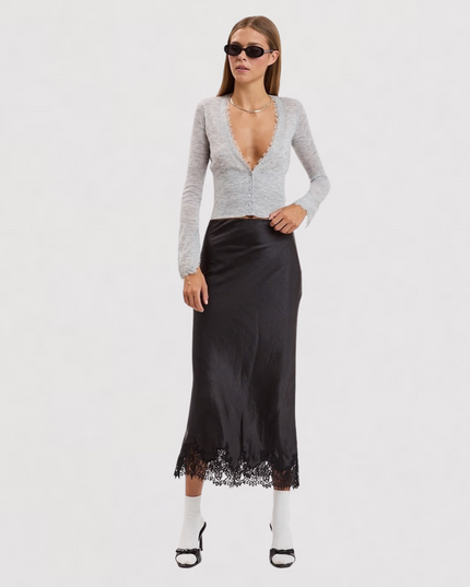 Satin Mono Tone Elastic Waist Lace Midi Skirt Black