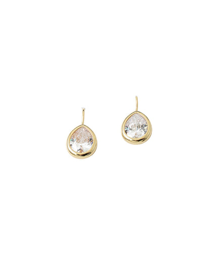 A pair of gold teardrop stud earrings with clear faceted gemstones, shown on a plain white background.