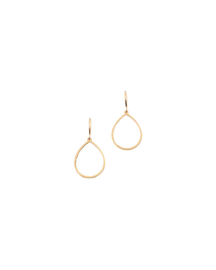 A pair of delicate gold teardrop dangle earrings with open wire loops, shown against a solid white background.