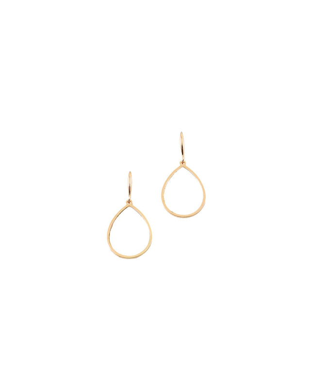 A pair of delicate gold teardrop dangle earrings with open wire loops, shown against a solid white background.