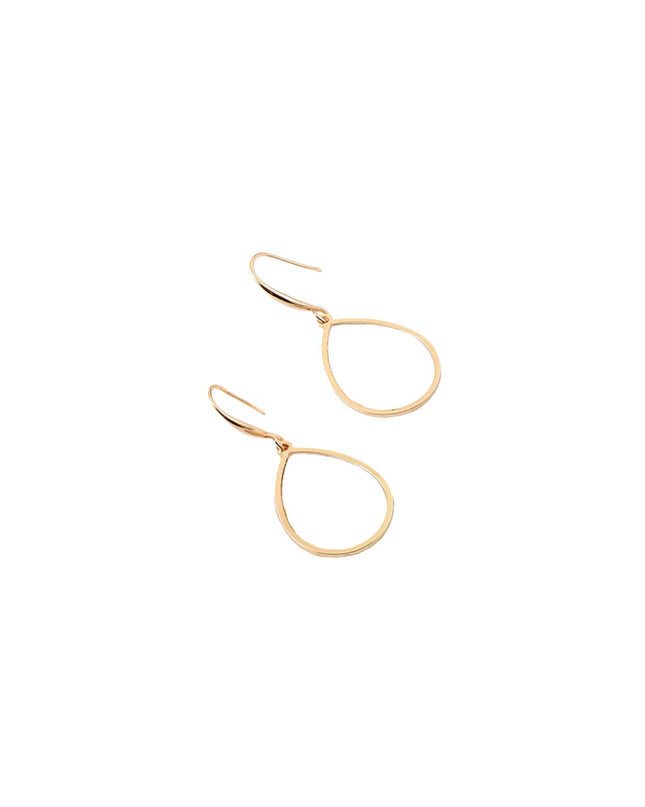 A pair of gold-toned teardrop dangle earrings with open circular wire designs, shown on a plain white background.