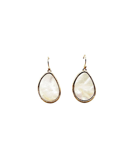 A pair of teardrop-shaped drop earrings featuring iridescent white mother-of-pearl stones in gold-toned bezel settings with gold French hook ear wires, shown against a plain white background.