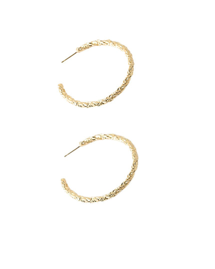 A pair of gold textured hoop earrings with a twisted, braided design, shown on a plain white background.