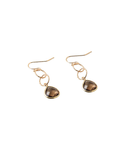 A pair of gold-toned dangle earrings with small circular links and teardrop-shaped smoky brown gemstones, shown on a plain white background.