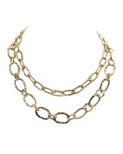 Textured Oval Metal Chain Link Double Layered Necklace Gold