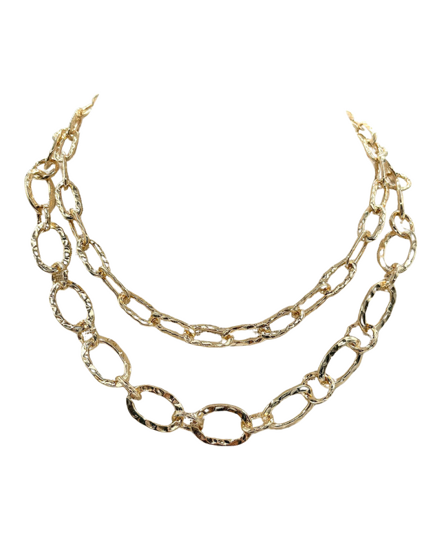 Textured Oval Metal Chain Link Double Layered Necklace Gold