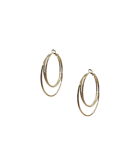 A pair of gold-toned double-hoop earrings with textured inner and smooth outer bands, shown on a plain white background.