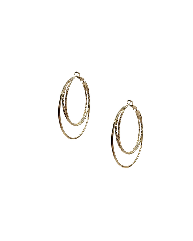 A pair of gold-toned double-hoop earrings with textured inner and smooth outer bands, shown on a plain white background.