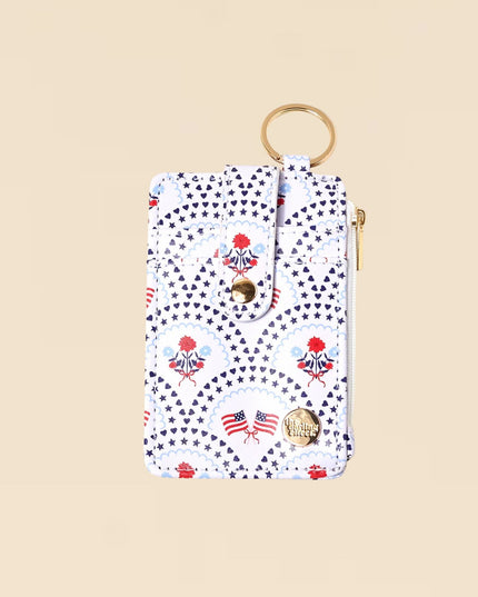 Small pouch with star and flag pattern on a beige background