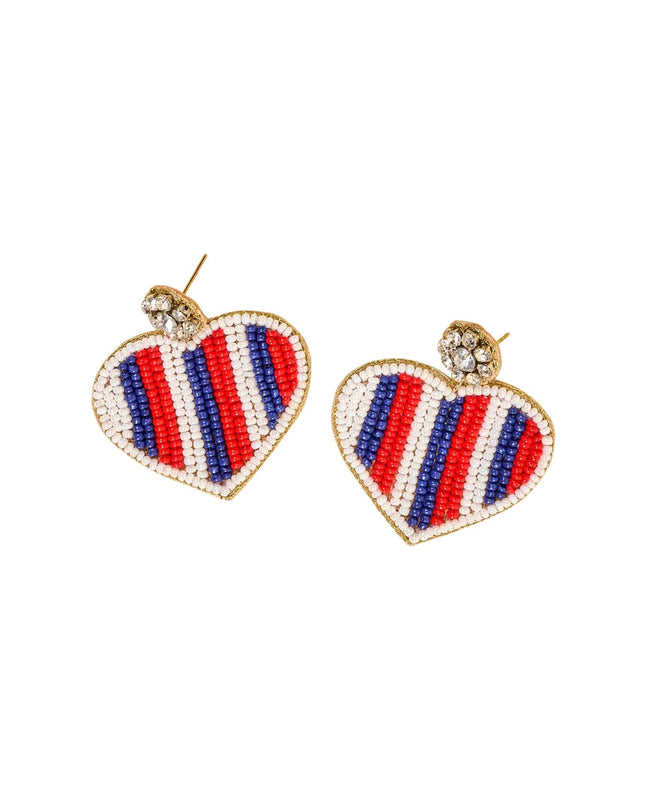 Heart-shaped earrings with red, white, and blue stripes on a white background