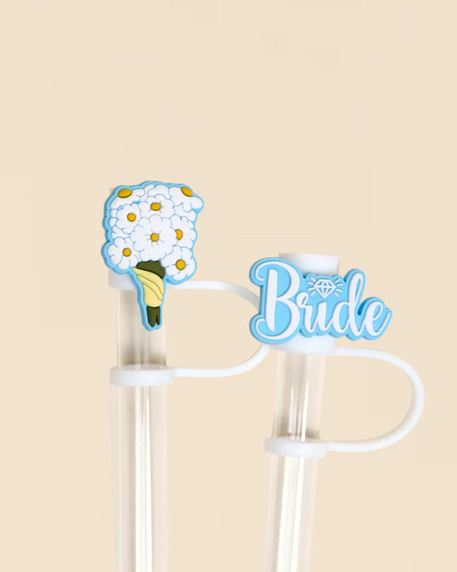 Decorative straws with a floral design and 'Bride' text on a beige background