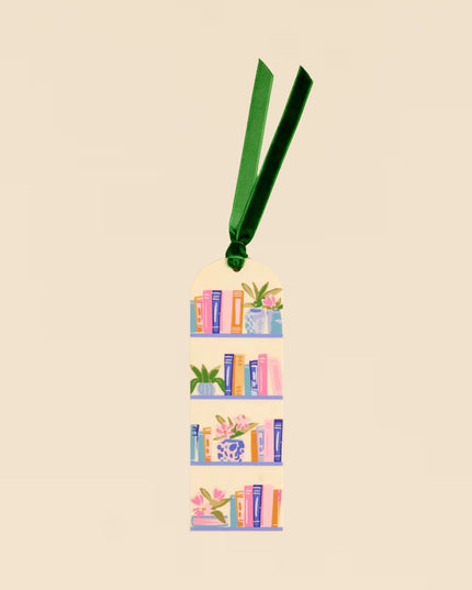 Bookmark with illustrations of books and plants on a beige background