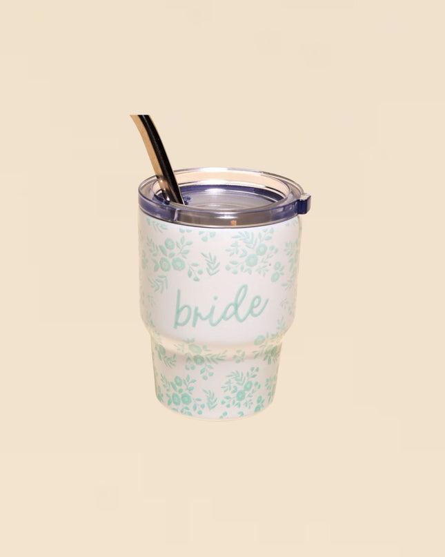 Tumbler with 'bride' text and floral design on a beige background