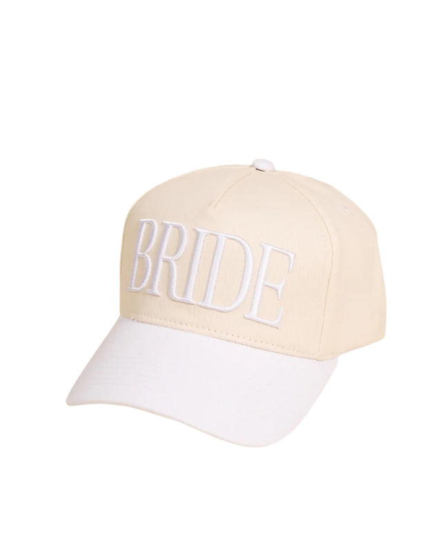 Beige cap with 'BRIDE' embroidered on a white background
