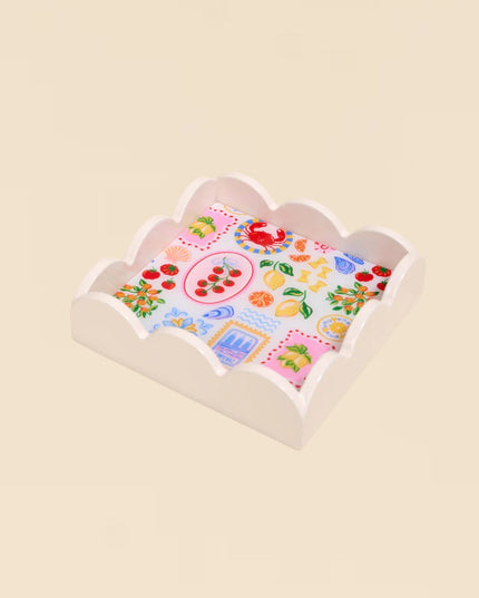 Decorative tray with colorful pattern on a beige background