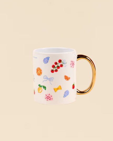 White mug with colorful designs on a beige background