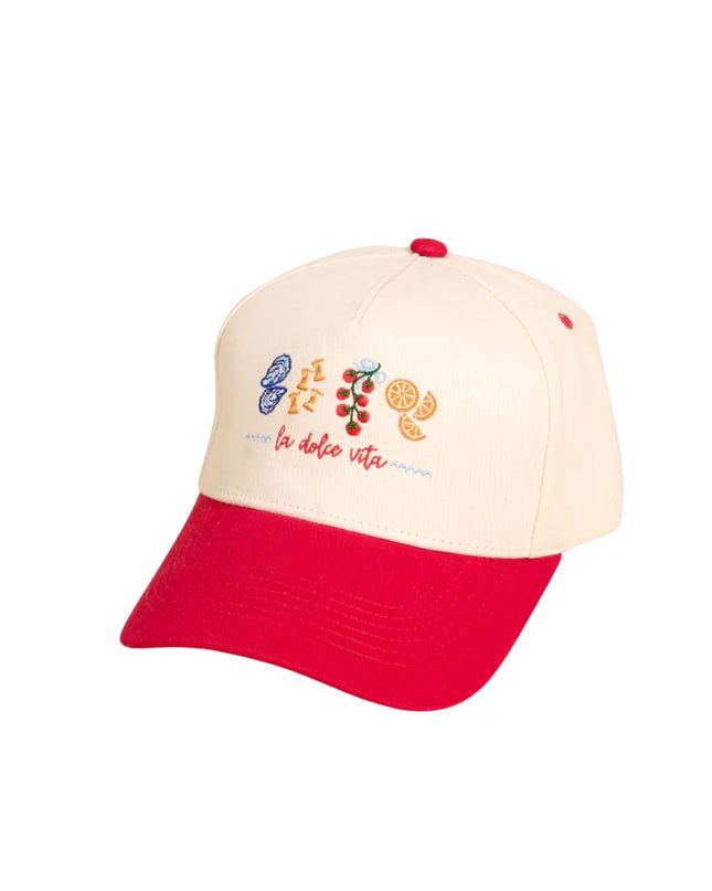 Beige and red cap with colorful graphics and text on a white background