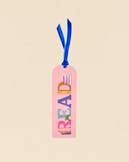 Pink bookmark with colorful text and a blue ribbon on a beige background