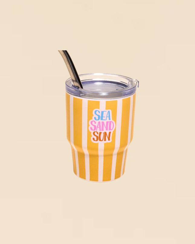Tumbler with orange and white stripes and 'Sea Sand Sun' text on a beige background