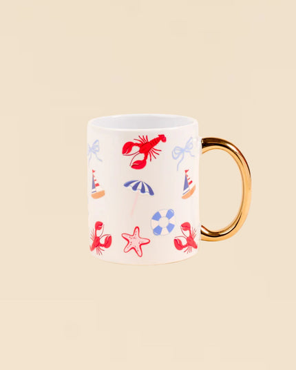 Mug with colorful sea-themed design on a beige background