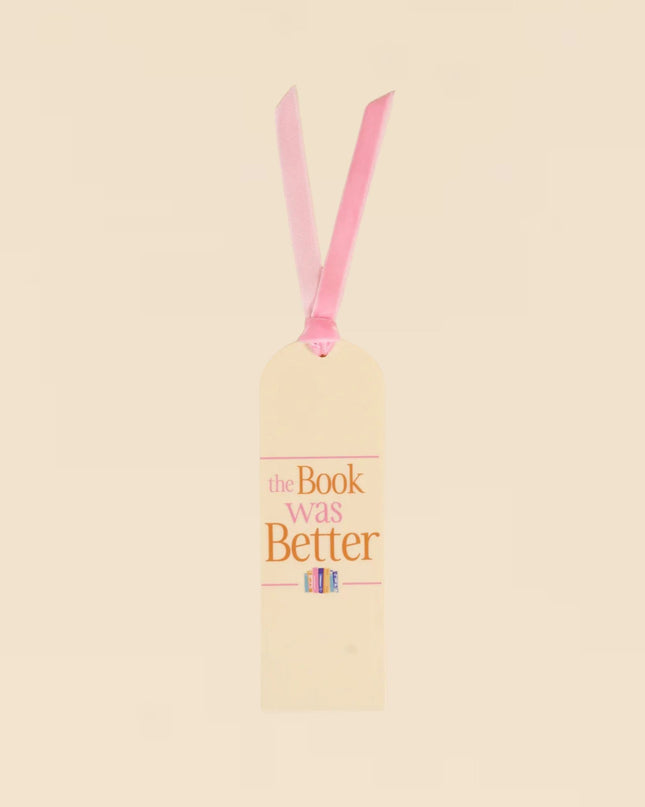 Beige bookmark with pink ribbon and text on a beige background