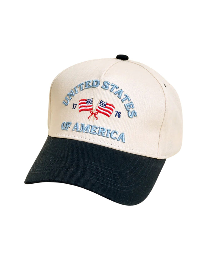 Cap with 'United States of America' text and American flag design on a white background