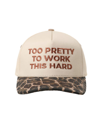Cap with 'Too Pretty to Work This Hard' text and leopard print brim on a white background