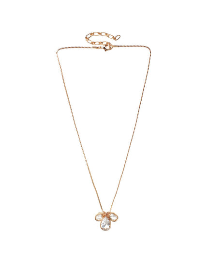 A delicate rose gold chain necklace with a bow-shaped pendant featuring a clear teardrop crystal, displayed on a solid white background.