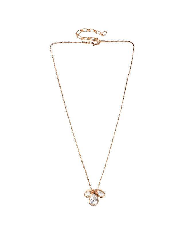A delicate rose gold chain necklace with a bow-shaped pendant featuring a clear teardrop crystal, displayed on a solid white background.