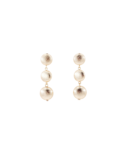 A pair of gold drop earrings featuring three textured, spherical beads of decreasing size, displayed on a solid white background.