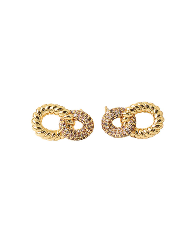 Pair of gold chain-link earrings on a white background
