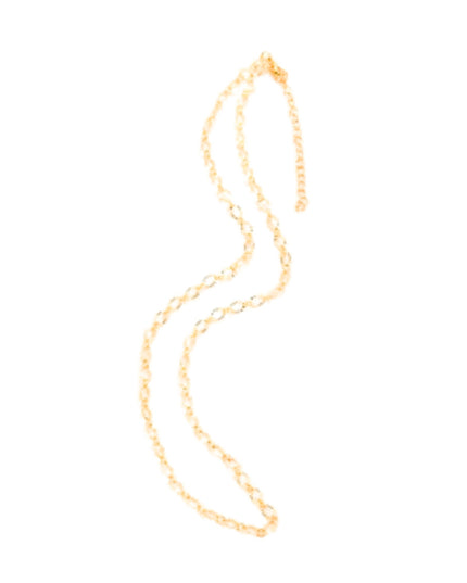 A delicate gold chain necklace with a lobster clasp, displayed on a solid white background.