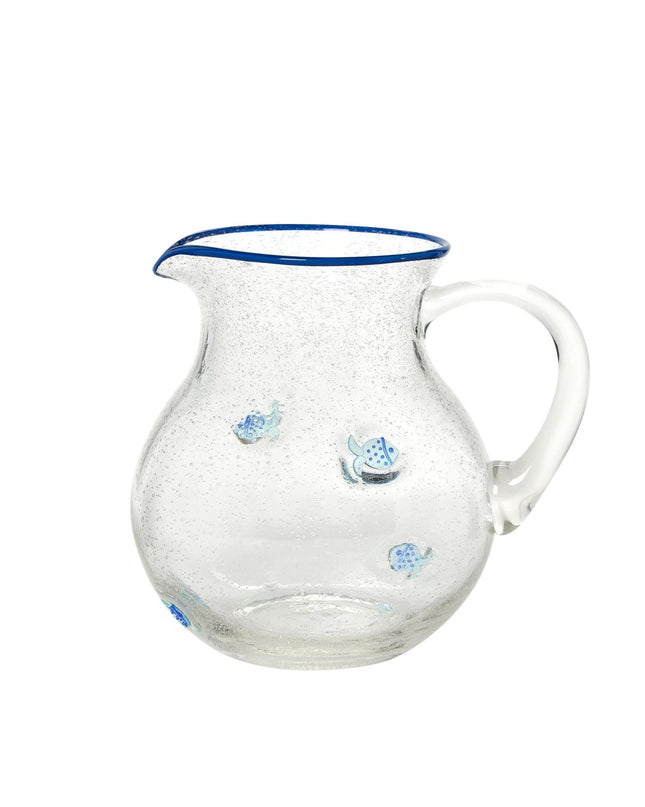 Clear glass pitcher with blue rim and decorative elements on a white background