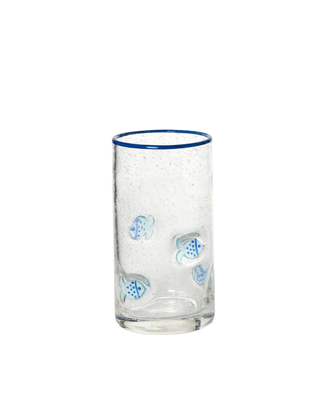 Clear glass tumbler with blue rim and blue fish designs on a white background