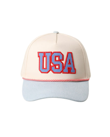Beige and gray cap with 'USA' text on a white background