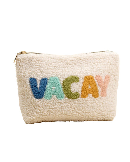 Beige pouch with colorful 'VACAY' text on a white background