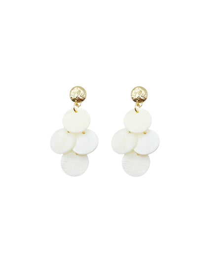 A pair of gold and white dangle earrings featuring a textured gold ball stud and three overlapping white disc charms on each earring, shown against a plain white background.