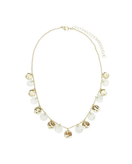 A gold-tone statement necklace featuring a delicate chain, a drop chain, and multiple dangling round beads in textured gold and smooth milky white, displayed on a clean white background.