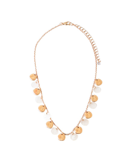 A delicate gold chain necklace featuring multiple small, flat circular gold disc charms and a few clear, round bead-like accents, displayed on a solid white background.