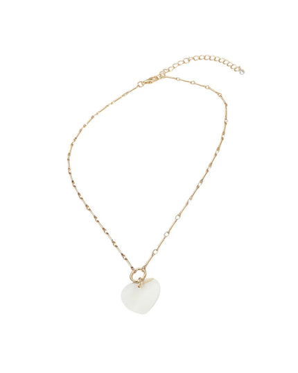 A delicate gold chain necklace featuring a small, smooth, heart-shaped white stone pendant, displayed on a clean white background.